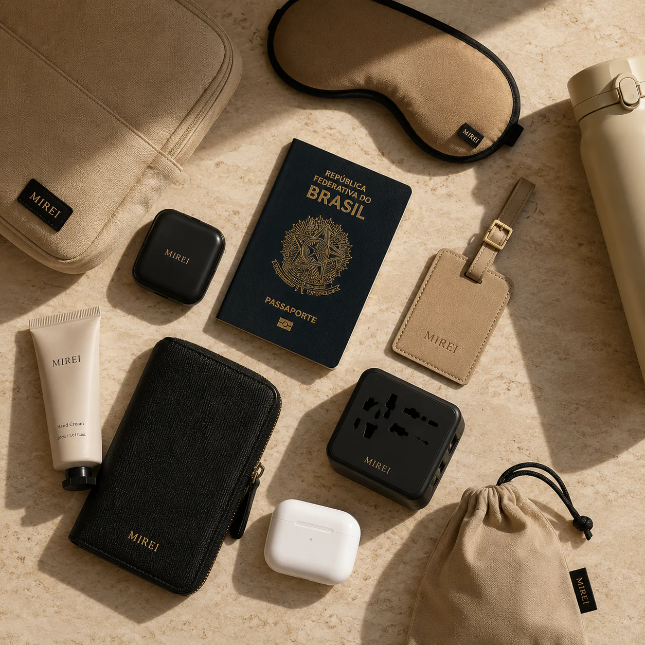Acessórios de viagem: mala, necessaire, almofada de pescoço e chapéu